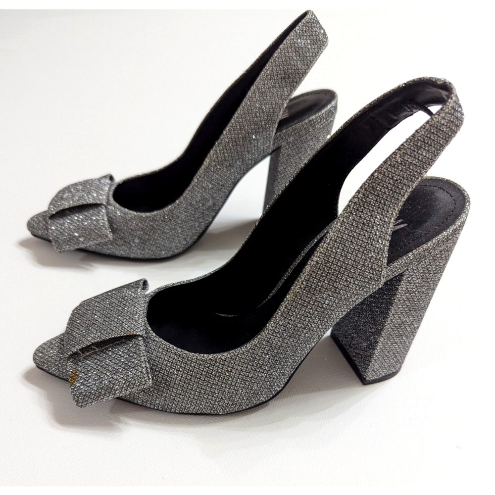 H&M Silver Pointed Toe Glittery High Heel Slingbacks With Bow Size 5.5